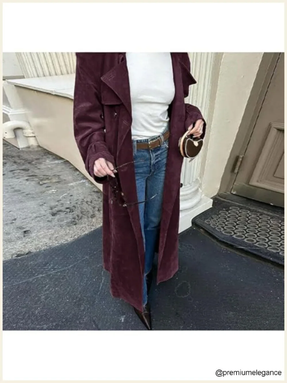 Women's Faux Suede Long Trench Coat Notched Lapel Double Breasted Pea Coat